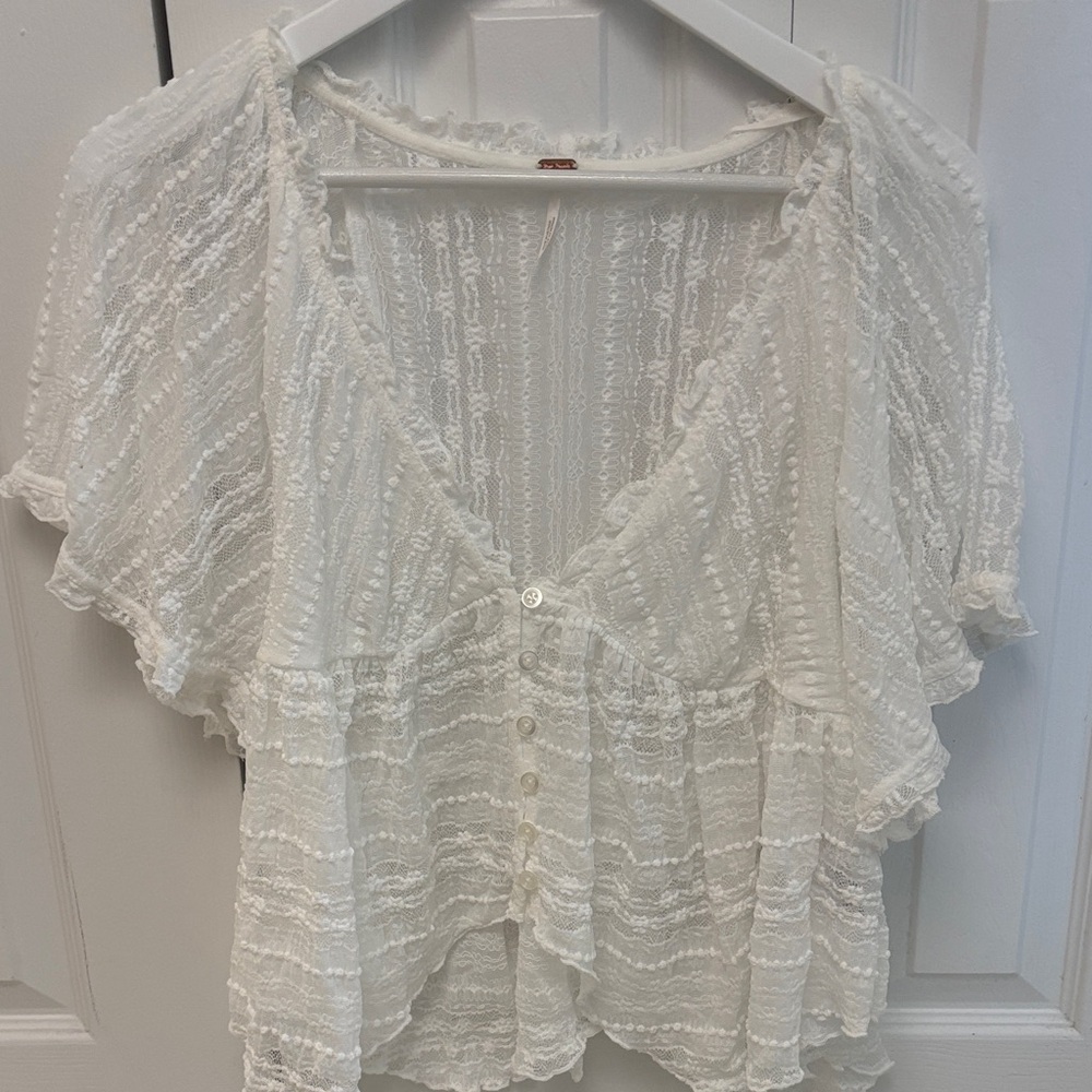 Free People Ivory Ruffle Button-Front Blouse
